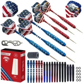 Steel Tip Darts Set - Professional Darts Steel Tip for Dartboard - Includes Brass Barrels + Plastic & Aluminum Shafts + Rubber ORings + Flights + Darts Sharpener + Wrench (22g- USA -STC10420)