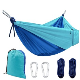 Camping Hammock, Double & Single Portable Hammocks with 2 Tree Straps and Carabiners Easy Assembly Lightweight Parachute Nylon Hammocks for Backpacking, Travel, Beach, Hiking (Blue/Sky Blue)