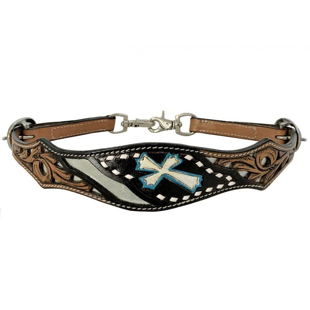 Showman Leather Wither Strap w/Teal Hand Painted Cross & Silver Metallic Inlays!