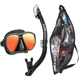 TUSA Sport Adult Powerview Mask and Dry Snorkel Combo, Black/Black Mirrored Lens (w/Reusable Bag) (UC-2425PMQB-BKB)