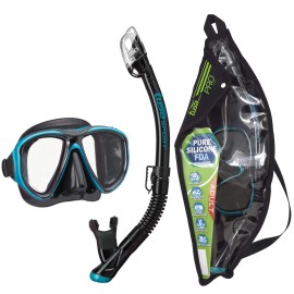 TUSA Sport Adult Powerview Mask and Dry Snorkel Combo, Black/Ocean Green (w/Reusable Bag),UC-2425P-BKOG