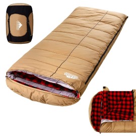 0 Degree Canvas Sleeping Bag for Fishing, Hunting, Traveling and Camping Particularly in Cold Winter Outdoor with Removable Flannel Liner for Big and Tall Adults (Brown Exterior -red Plaid Interior)