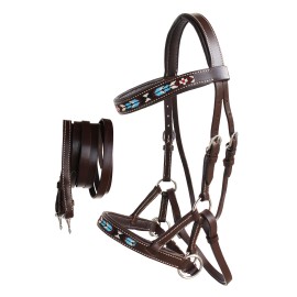 CHALLENGER Horse Western Leather Tack Beaded Bitless Sidepull Bridle Reins Brown 77RT07BR-F