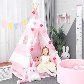 Costzon Portable Childrens Play Tent, Childrens Cotton Canvas Pine Pole Indian Tent Game Sleeping House with Polyester Bag, 5.5 Feet Pure White Canvas Tent for Indoor & Outdoor (Pink)