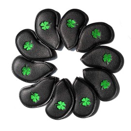 Black Synthetic Leather Golf Iron Head Covers Set 10 Pcs Headcover with Clover Embroideried,Easily get The Needed Iron (Black 01)