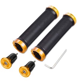 TOPCABIN Bicycle Grips,Double Lock on Locking Bicycle Handlebar Grips Rubber Comfortable Bike Grips for Bicycle Mountain BMX ((Aluminum Lock Plug) Gold 1 Pair)