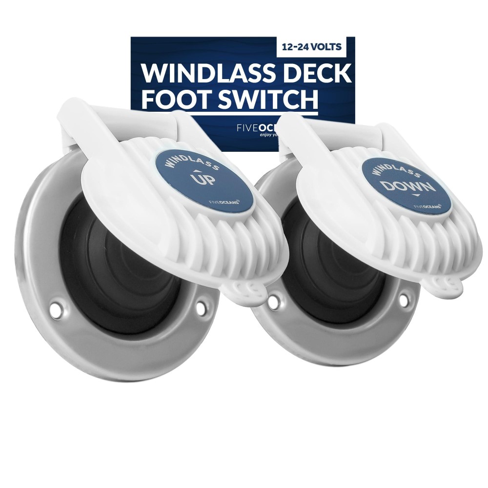 Five Oceans Anchor Windlass Deck Foot Switch Up/Down, Single Direction Switches, 1 Up Switch and 1 Down Switch, White UV-Stabilized Plastic Hinged Cover, 12 Volts - FO3291