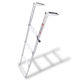 YOUNG MARINE 4 Steps Stainless Steel Drop Down Telescopic and Folding Boat Ladder with White Plastic Footboard,Over Platform Mounting