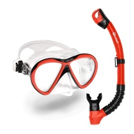 COBALT Hamoa Snorkel Combo - Two Window, Anti-Fog Mask and Dry Top Snorkel Set for Snorkeling, Scuba Diving (Black/Red)