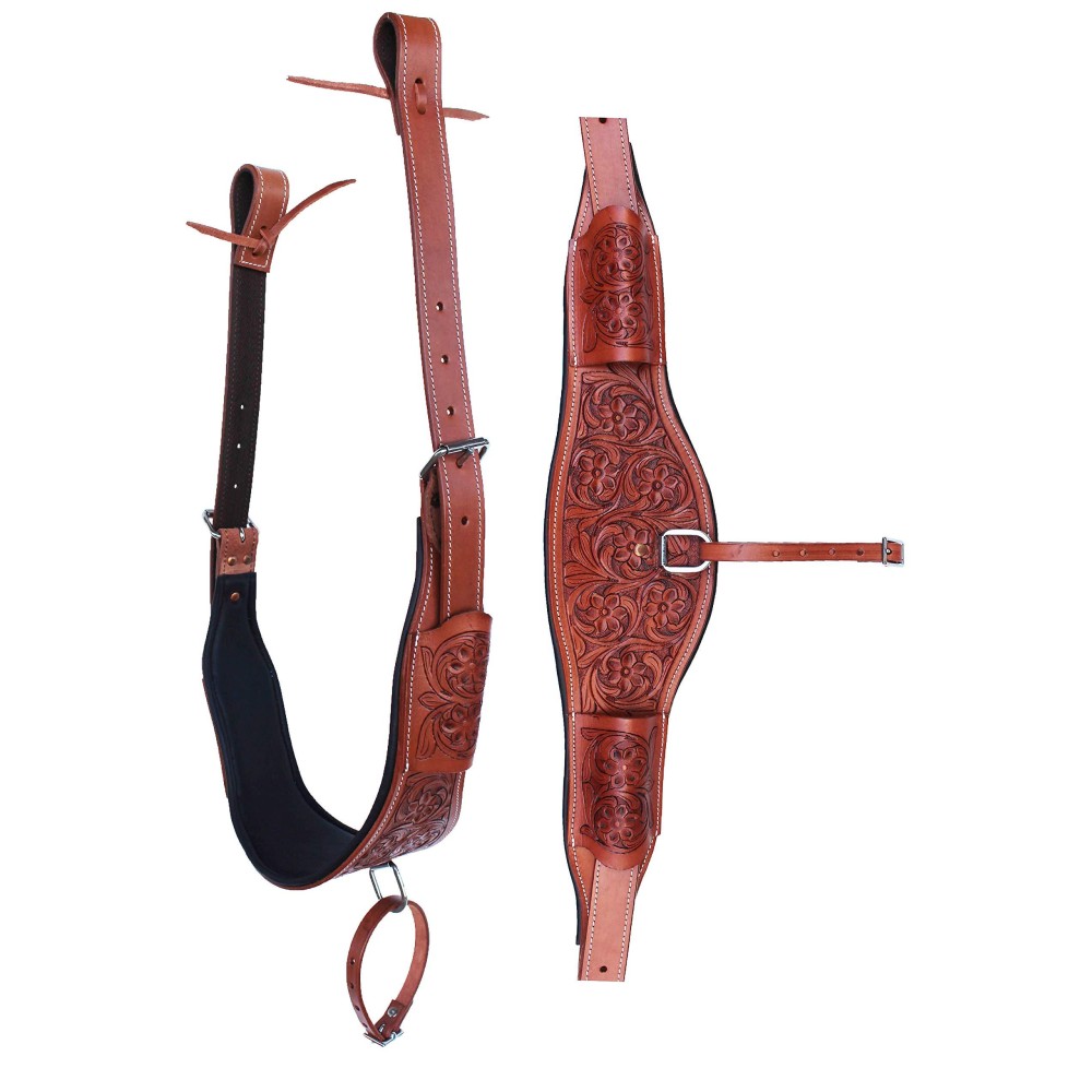 CHALLENGER Horse Western Floral Tooled Padded Leather Rear Flank Saddle Cinch w/Billets 9772PD