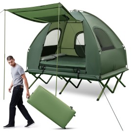 Tangkula 5-in-1 Tent Cot, 2 Person Camping Tent Combo with Awning, Air Mattress, Sleeping Bag, Air Pillow, Camping Cot, Elevated Single Cot Tent with Carrying Bag for Outdoor Hiking, Picnic, Travel