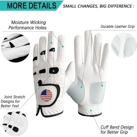 Golf Gloves Men Right Hand with Ball Marker 3 Pack for Left Handed Golfer Premium Leather Weathersof Grip Soft Mens Glove Size Large (3 Pack-White,Large,Worn on Right Hand (Fit Left Handed Golfer))