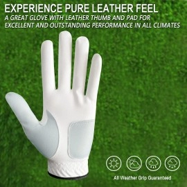 Golf Gloves Men Right Hand with Ball Marker 3 Pack for Left Handed Golfer Premium Leather Weathersof Grip Soft Mens Glove Size Large (3 Pack-White,Large,Worn on Right Hand (Fit Left Handed Golfer))