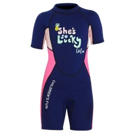 DIVE&SAIL Kids Warm Wetsuit 2.5MM One Piece Short Sleeve Shorty Suit Sun UV Protection Swimming Diving Suit Swimwear for Boys Pink