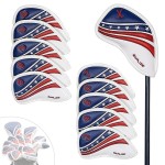 SAPLIZE 11PCS Golf Iron Head Covers Set, PU Leather Golf Club Head Cover for Wedge & Iron, Protective Headcover, Embroidered USA Stars and Stripes Design