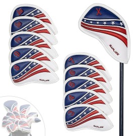 SAPLIZE 11PCS Golf Iron Head Covers Set, PU Leather Golf Club Head Cover for Wedge & Iron, Protective Headcover, Embroidered USA Stars and Stripes Design