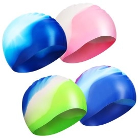 SATINIOR 4 Pieces Kids Silicone Swim Cap Mixed Color Swimming Hats Elastic Waterproof Swimming Cap for Boys and Girls