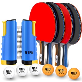 Ping Pong Paddle Set - 4 Professional Rackets, Retractable Net, 6 Pig Pong Balls, Carry Case - Indoor and Outdoor Table Tennis Play