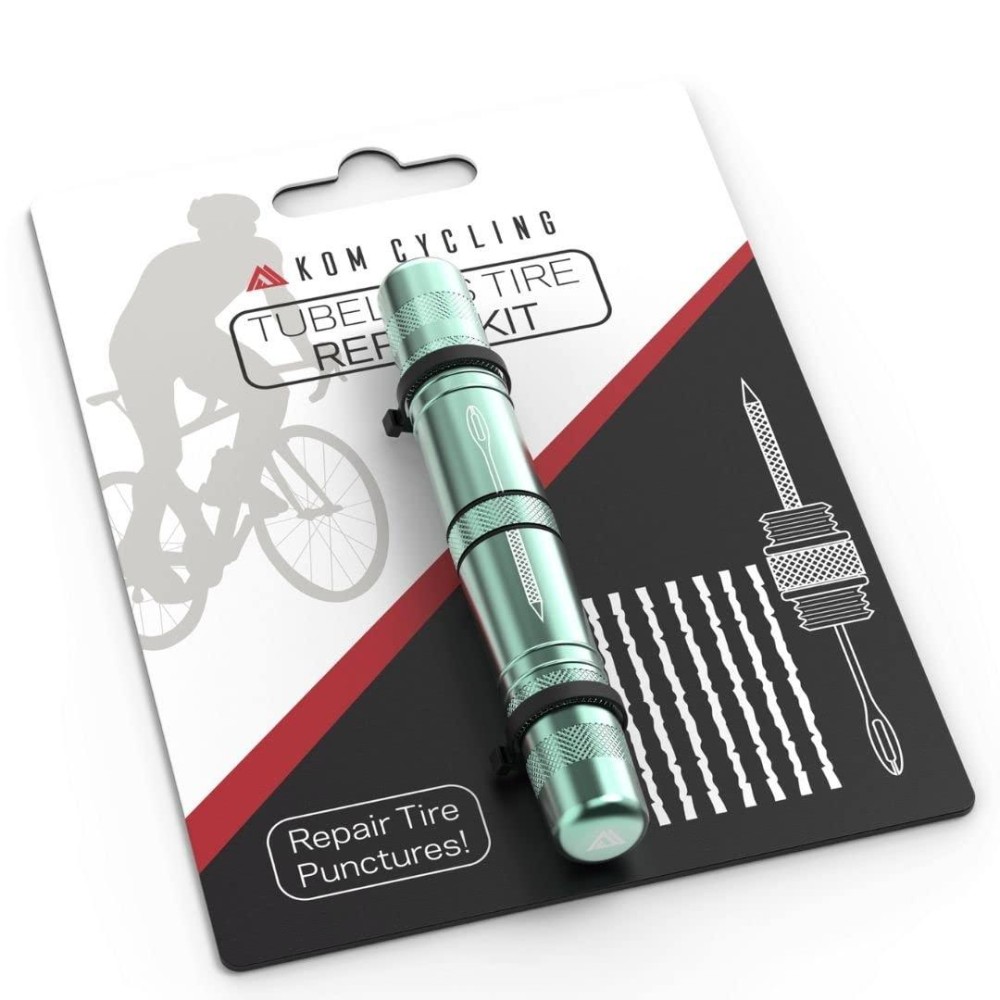 KOM Cycling Tubeless Tire Repair Kit for Bikes 8 Colors! Fixes Mountain Bike and Road Bicycle Tire Punctures - Includes Tire Repair Fork Reamer, 8 Bacon Strips. Tubeless Bike Tire Repair Kit (Celeste)