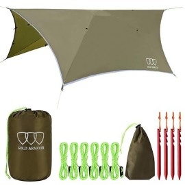 Gold Armour Rainfly Tarp Hammock, Premium 14.7ft/12ft/10ft/8ft Rain Fly Cover, Waterproof Ultralight Camping Shelter Canopy, Survival Equipment Gear Camping Tent Accessories (OD Green 12ft x 10ft HEX)