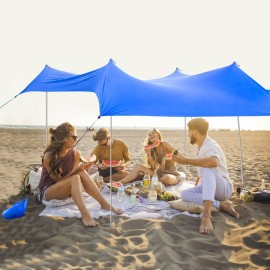 Tangkula 7 x 7 ft Family Beach Sunshade, UPF50+ Sun Shade Tent with Aluminum Poles, 4 Sandbag Anchor and 4 Peg Stake, Lightweight but Heavy Duty Beach Canopy with Carry Bag