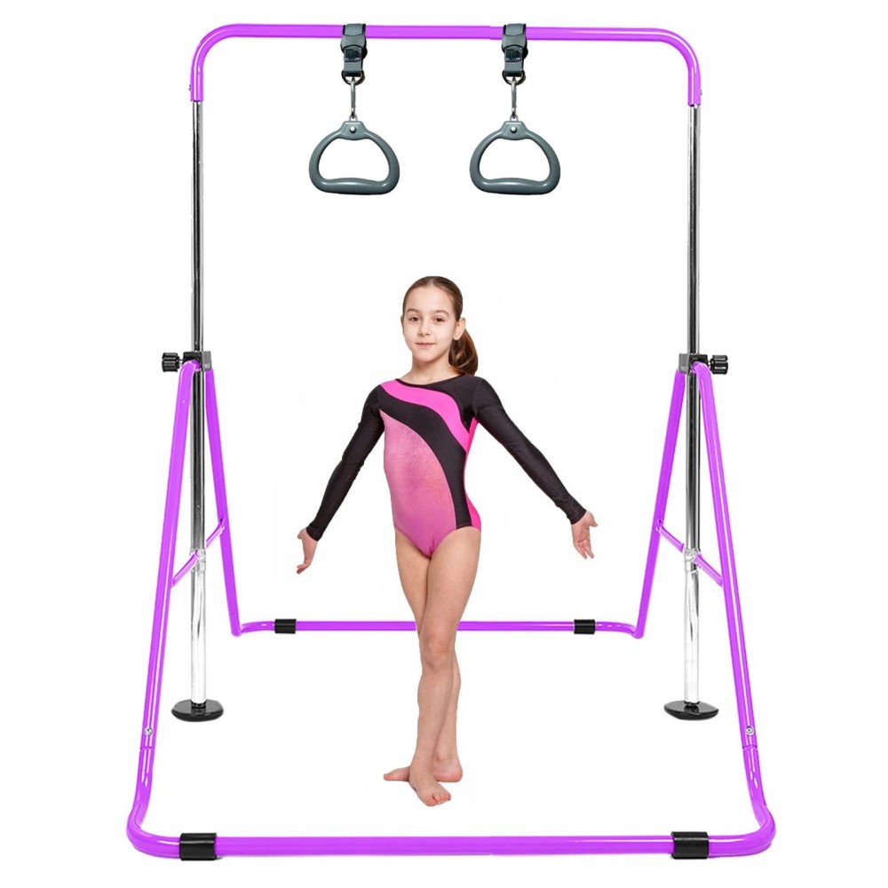 AMRTA Gymnastics Bars for Home with Rings Set Purple, Adjustable Height Training Balance Kip Monkey Bar Folding Horizontal Gymnastic Equipment, for Kids Children Junior Toddler Baby Ages 3-10