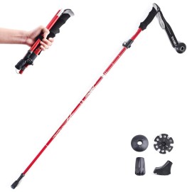 TRIWONDER Trekking Pole Hiking or Walking Stick - Strong, Lightweight Aluminum 7075 - Quick Adjust Flip-Lock - Cork Grip, Padded Strap - 1 Pole (Red - 110cm)