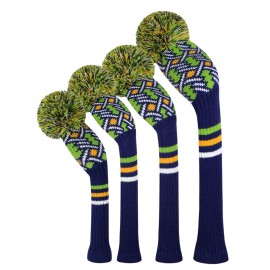 Scott Edward Personalized Knit Golf Club Covers 4 Counts for Woods and Driver Fit Max Drivers Fairways Hybrids/Utility Big Pom Pom Customized Patterns Decorate Golf Bags (Blue Green)