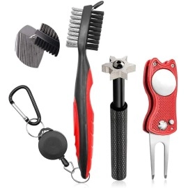KAPUNOS Golf Club Cleaner Set, Retractable Golf Club Brush with Dual-Bristle, 6 Heads Golf Club Groove Sharpener, Divot Repair Tool,Golf Accessories Gift for Men Golfers (Red)
