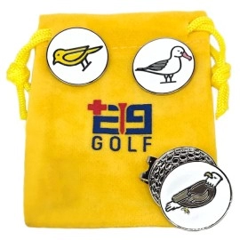 E9 GOLF Fore The Birds - Magnetic Hat Clip with 3 Interchangeable Removable Ball Markers, Birdie, Eagle Albatross Motifs, Drawstring Pouch Storage Bag, Durable 1 Inch Enamel Coins