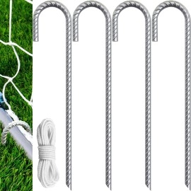 Eurmax USA Trampolines Stakes Heavy Duty Ground Stakes Canopy Parts Wind Stake with Rope 12 Inch Heavy Duty Stake Safety Ground Anchor Galvanized Steel J Shaped, Pack of 4(Silver)
