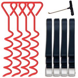 Eurmax USA Trampoline Stakes Heavy Duty Trampoline Parts corkscrew Shape Steel Stakes Anchor Kit with T Hook for Trampolines -Set of 4 Bonus 4 Strong Belt,Red