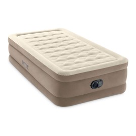 Intex Dura Beam Deluxe Ultra Plush 18 Inch Twin Bed Inflatable Air Mattress with Fiber Tech Construction and Built in Electric Pump, Beige