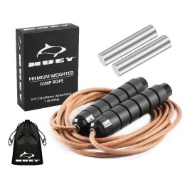 HUEY Sport Weighted 1lb Leather Jump Rope Adjustable Skipping Rope for Speed Quiet Training Boxing MMA Cardio Crossfit Fitness Workout Indoor and Outside Exercise for Beginner Kids Men and Women