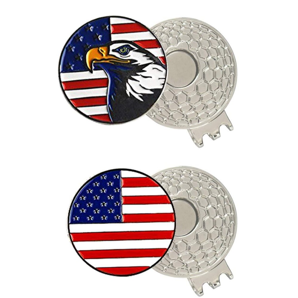 PINMEI Colorful Golf Ball Markers with Silver Color Golf Hat Clips (USA Flag Eagle)