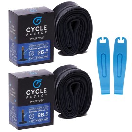 Cycle Factor 26 Mountain/Hybrid Bike Inner Tube 26x1.75/2.3 Inch Replacement, 35mm Schrader Valve - Premium Butyl Rubber Bicycle Tires, Long-Lasting Inflation (2-Pack w/tire levers)