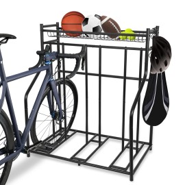 Lycklig Bike Stand Rack with Storage, Floor Parking Stand for 3 Bicycles, Bike Rack Garage, Bicycle Stand for Road, Mountain, Hybrid, Adult or Kids Bike, Sports Storage Station, Black