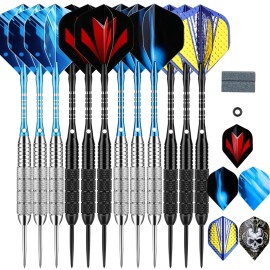 Sanfeng 12PCS Steel Tip Darts Set for Dartboard 6 x 22g 6 x 24g, Metal Tip Darts with Black Blue Aluminium Shafts 30 Flights 50 Rubber O-Rings 1 Dart Sharpener Tool