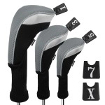 Andux 3pcs/Set Golf 460cc Driver Wood Club Head Covers Long Neck with Interchangeable No. Tags Grey