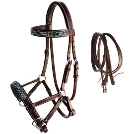 CHALLENGER Horse Western Leather Tack Beaded Bitless Sidepull Bridle Reins Brown 77RS10BR