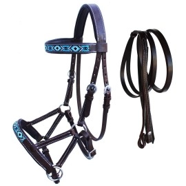 CHALLENGER Horse Western Leather Tack Beaded Bitless Sidepull Bridle Reins Brown 77RS11BR
