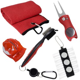 VIXYN Golf Accessories Gift Set - Golf Towel, Golf Club Brush with Groove Cleaner, Foldable Divot Repair Tool with Ball Marker, Golf Ball Marker and Golf Tee Holder - Golf Club Cleaning Kit (Red)