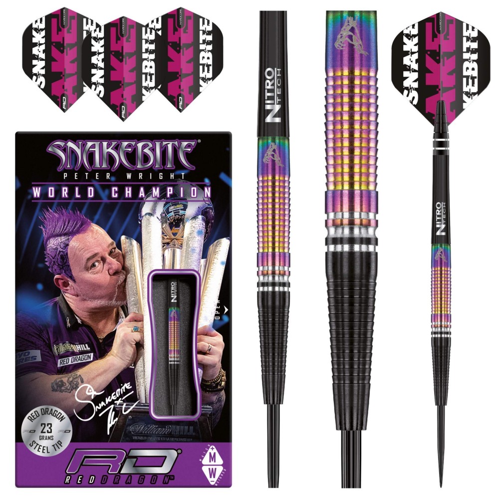 RED DRAGON Peter Wright Snakebite World Champion Tapered SE 21 Gram Professional Darts Set Including Flights and Shafts (Stems)