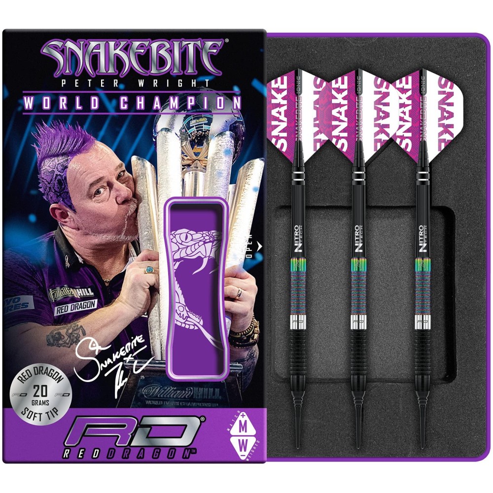 RED DRAGON Peter Wright Snakebite World Champion Diamond Fusion SE Softip 18 Gram Professional Darts Set Including Flights and Shafts (Stems)