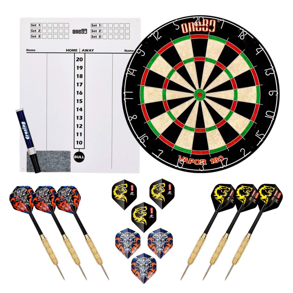 ONE80 Dartboard with Staple Free Bullseye for Maximum Scoring Potential and Less Bounce Outs, Large Scoreboard, 6 Steeltip Darts with shafts and Flights