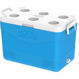Duramax Picnic Icebox 46 High Performance Cool Box with PU Insulation, Side Handles with Secure Lid Locking and Cup Holders on Lid, Icebox 46 Litre, Cooler Box, Light Blue