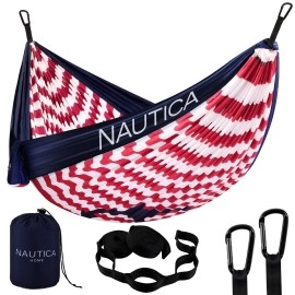 Nautica Portable Camping Hammock 1-2Person Kids or Adults with Straps, Caribiners & Bag for Travel/Backpacking/Hiking/Backyard/Lawn, Sugar Swizzle/Maritime Blue/Admiral Red, Large