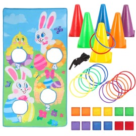 JOYIN Easter Toss Game Set with 12 Bean Bags, 12 Toss Rings, 6 Tossing Cones, and Easter Bunny Toss Banner for Kids Easter Indoor Outdoor Game Play, Family School Class Yard Lawn Easter Party Supplies