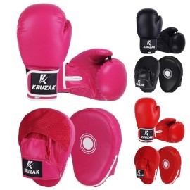 Kruzak Plain Focus Mitts and Boxing Gloves Set for Kickboxing and Muay Thai MMA Training - Fitness Kit with Punching Pads for Martial Arts and Karate - Pink - 10oz