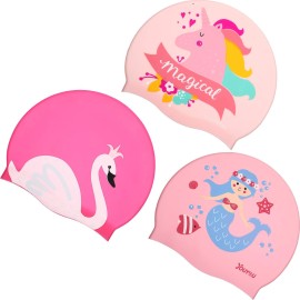 3 Pieces Kids Swim Caps Baby Waterproof Bathing Caps Children Cartoon Swimming Hat for Long and Short Hair Kids Boys Girls (Unicorn, Swan, Mermaid)